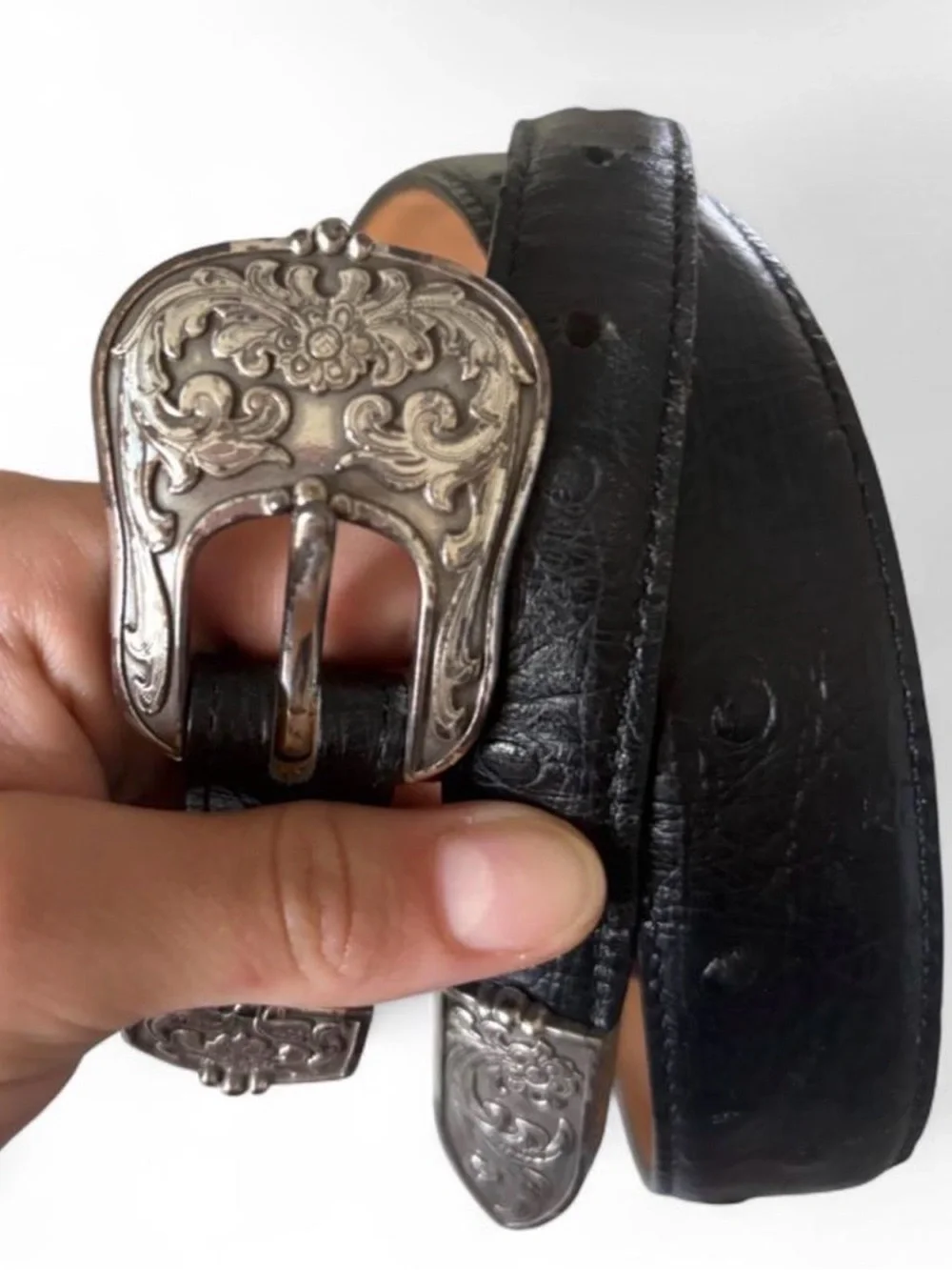 Justin Boots Black Leather Kids Belt with Ornate Silver Buckle